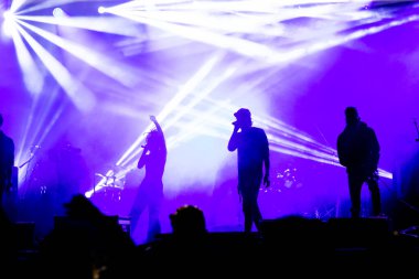 Konserdeki kalabalık ve sahne ışıklarındaki siluetler