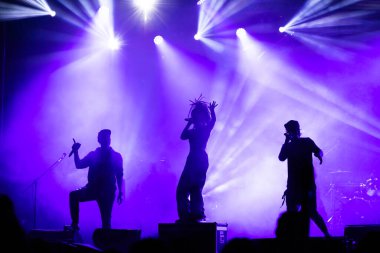 Konserdeki kalabalık ve sahne ışıklarındaki siluetler