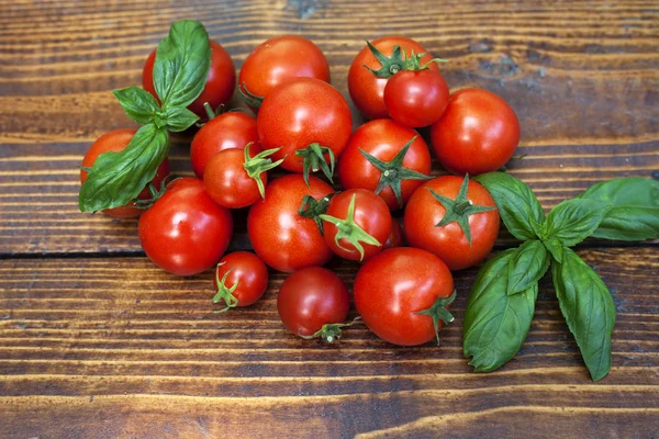 Tomates cereja e manjericão sobre fundo de madeira — Fotografia de Stock