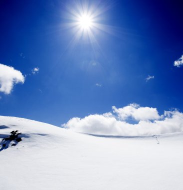 Background of cold winter landscape with snow, blue sky and sunl clipart