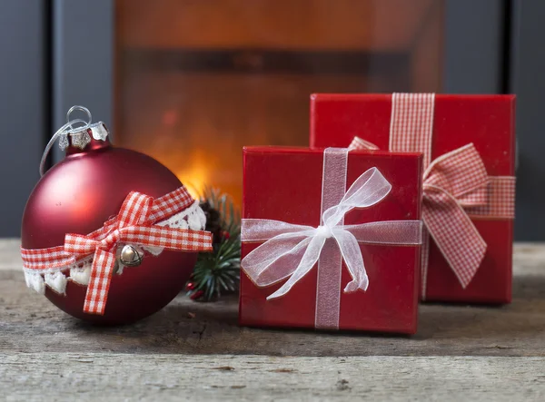 Christmas decorations on rustic wooden background — Stock Photo, Image