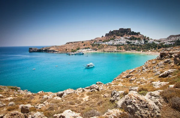 Lindos bay, ostrov Rhodos, Řecko — Stock fotografie