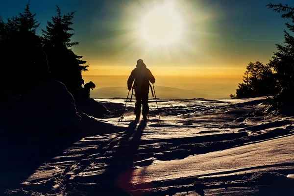 Narciarz backcountry, osiągając szczyt w zachód słońca — Zdjęcie stockowe