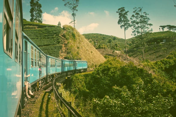 Kereta dari Nuwara Eliya ke Kandy di antara perkebunan teh di hi — Stok Foto