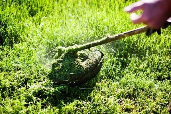 Mowing a lawn with a lawn mower — Stock Photo, Image