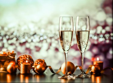 iki şampanya bardağı tatil ışıklar ve havai fişek - yeni yıl kutlama karşı