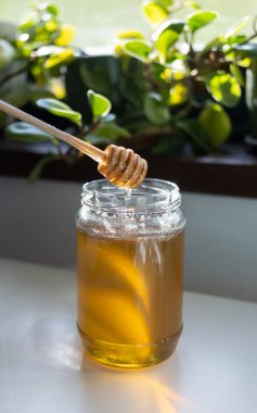 organik bal, ahşap bir kaptan cam bir kavanoza damlıyor.,