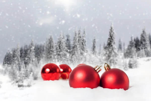 Christmas decorations and gift box in snow - snowy firs in the b — Stock Photo, Image