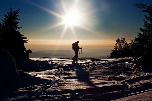 Backcountry skidåkare når toppen vid solnedgången — Stockfoto