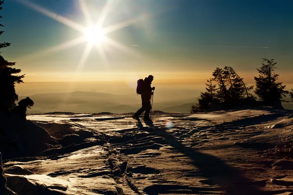 Backcountry-Skifahrer erreicht den Gipfel bei Sonnenuntergang — Stockfoto