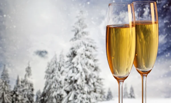 Deux verres à champagne et des sapins neigeux en arrière-plan — Photo