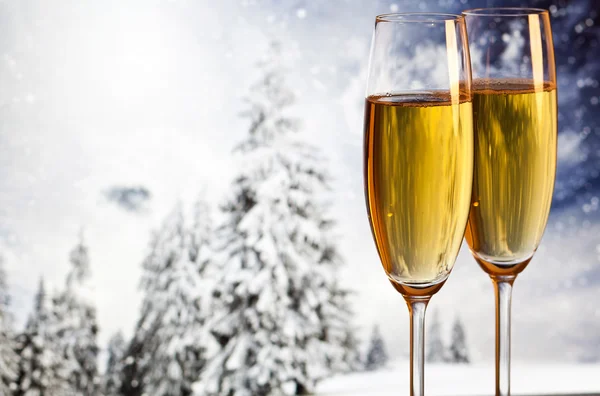 Two champagne glasses and snowy fir trees in the background Royalty Free Stock Images