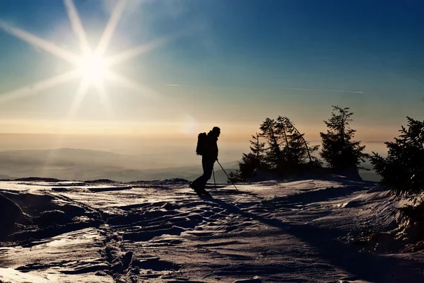 Backcountry skier reaching the summit at sunset — Stock Photo, Image