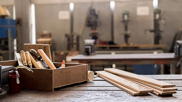 Carpenter Working Equipment Wooden Table Carpentry Shop Woman Works Carpentry — Stock Photo, Image