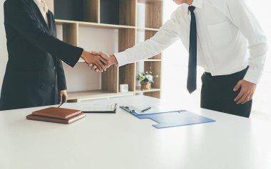 Bir şirket personel müdürüyle iş görüşmesi yapan çekici genç bir iş kadını.