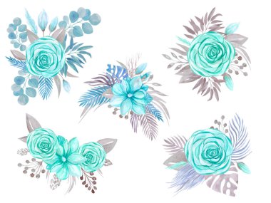 Çiçek açan bir Magnolia 'nın botanik düzenlemesi beyaz arka planda yükseldi. Çiçek düzenleme çiçekleri dallar bırakır