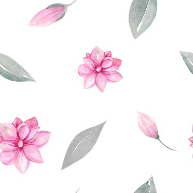 Çiçeksel elementlerin kusursuz deseni. Manolya ve pembe laleler, bahar yeşilliği, yeşillik, yapraklar, beyaz arka planda dallar.