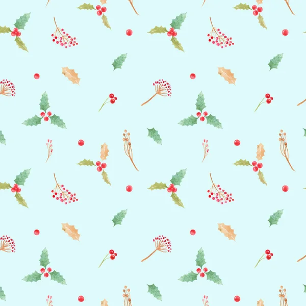 Nahtloses Muster Mit Weihnachtssymbol Stechpalme Blätter Und Beeren Auf Blauem — Stockfoto