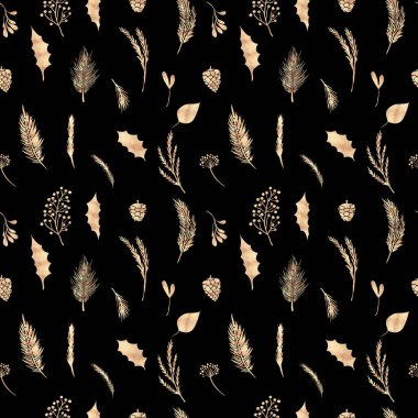 Kusursuz desenli dekoratif Noel Altın çiçek unsurları siyah arka planda Kış dekoratif arka planda