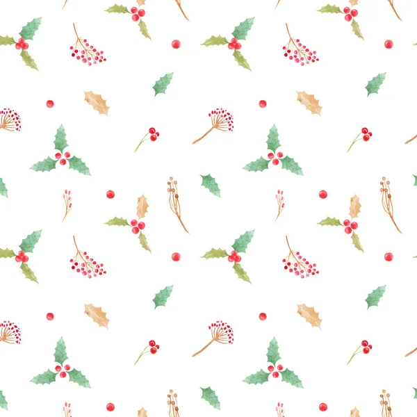 クリスマスのシンボルとシームレスなパターン 白い背景にホリーの葉と果実 — ストック写真