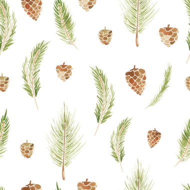 Paketleme ve hediye süsleme için beyaz bir arka plan üzerinde kusursuz kış elementleri koni ve dalları deseni