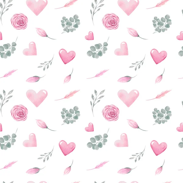 Seamless pattern of Valentines day Botanical elements and heart on a white background Floral elements rose to the branches of the eucalyptus pink heart — Stock Photo, Image