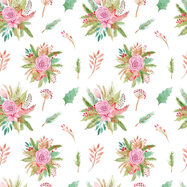 Seamless pattern Christmas flowers rose bouquet. Floral element for decoration of greeting cards, invitations and cards. Botanical arrangement winter design on a white background — Stock Photo, Image