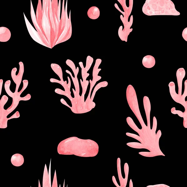 Patrón sin costuras de corales rosados sobre fondo negro Elementos del mundo submarino — Foto de Stock