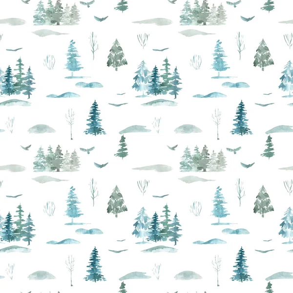 Seamless pattern of pine trees Christmas winter forest on a white background