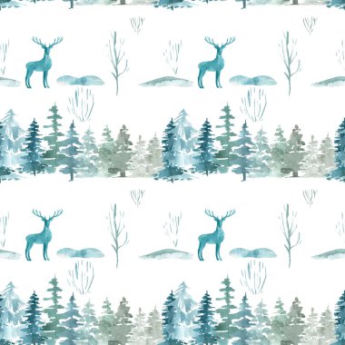 Beyaz arka planda çam ağaçlarının kusursuz sınır deseni Noel Ormanı