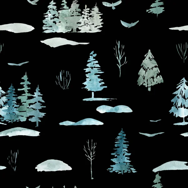 Płynny wzór sosen Bożonarodzeniowy las zimowy na czarnym tle — Zdjęcie stockowe