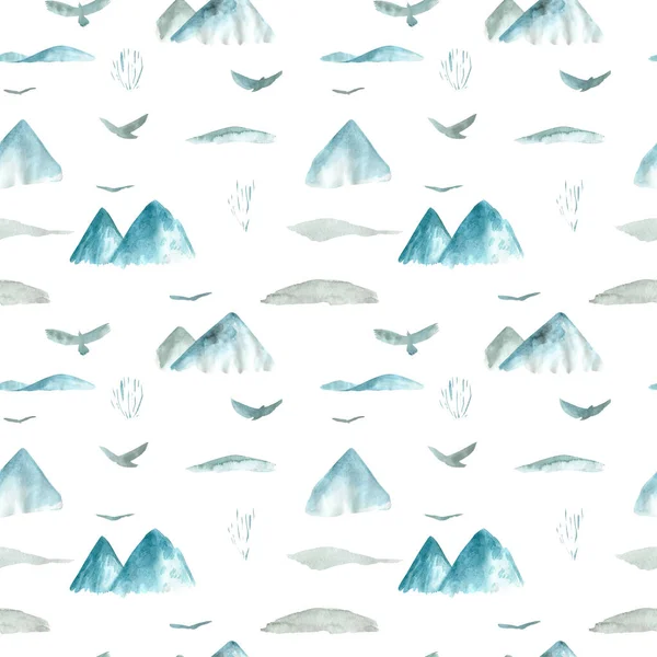 Kusursuz desenli peyzaj puslu dağlar doğada suluboya el resmi beyaz zemin üzerinde — Stok fotoğraf
