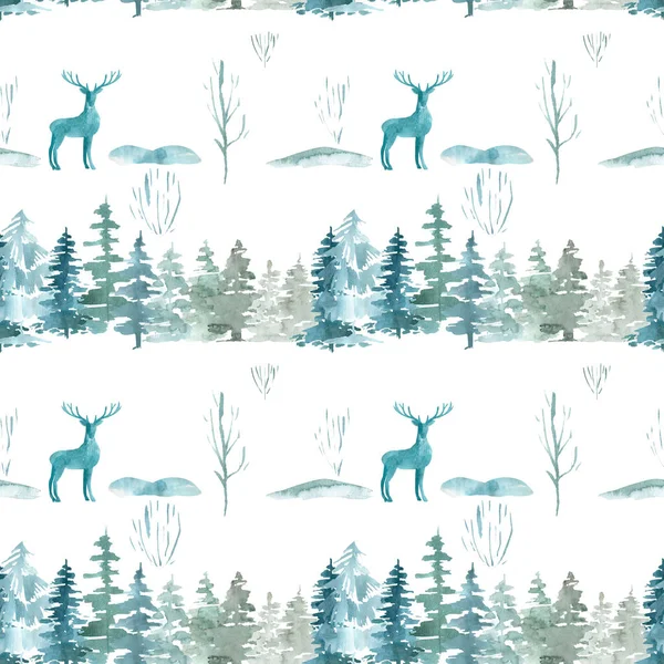 Seamless border pattern of pine trees Christmas winter forest on a white background