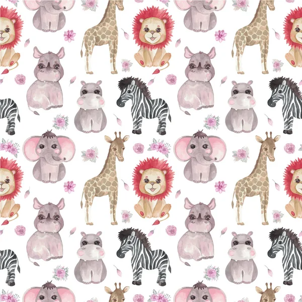 Beyaz arka planda kusursuz Safari desenli hayvanlar ve çiçekler Çocuklar Zürafa Zebra Fil Gergedanı Tasarımı