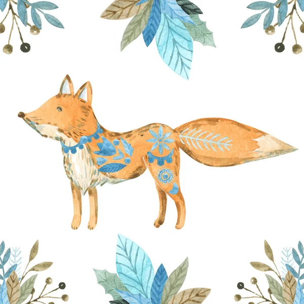 Folk Christmas animal Fox clipart Ilustración en acuarela de una colección de elementos de invierno nórdicos — Foto de Stock