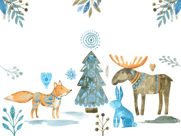 Folk Christmas animals clipart Illustrazione ad acquerello di una collezione di elementi invernali nordici — Foto Stock