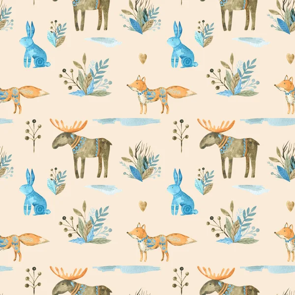 Płynny wzór zwierząt leśnych Fox łoś królik Akwarela ilustracja ręcznie malowane — Zdjęcie stockowe