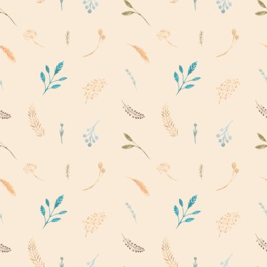 Bej bir arka planda çiçeklerin kusursuz deseni. Suluboya elle boyanmış bahar deseni