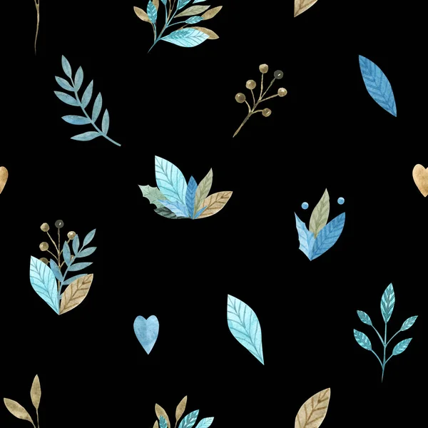 Sömlös mönster av blommiga element på en svart bakgrund. Akvarell handmålade boho våren mönster — Stockfoto