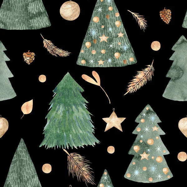 水彩クリスマスパターン、クリスマスツリー、テクスチャシームレスなパターンの手は黒の背景に冬の要素を描いた — ストック写真