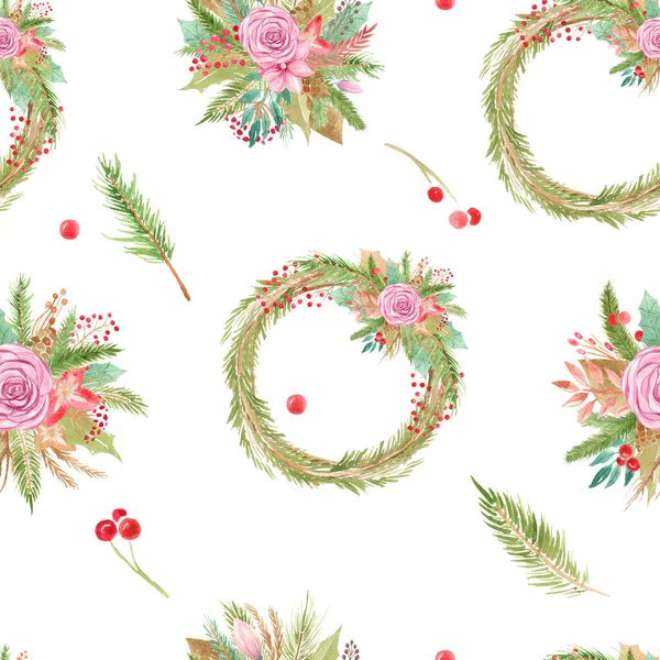 Naadloos patroon van Kerstmis bloemstuk en krans op witte achtergrond Winter Botanische elementen bloemen roos, dennenboom, poinsettia, bessen — Stockfoto
