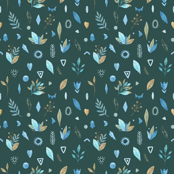 Naadloos patroon van bloemenelementen op een groene achtergrond. Aquarel hand geschilderd boho voorjaar patroon — Stockfoto