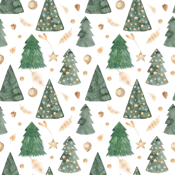 Suluboya Noel deseni, Noel ağacı, desensiz desenler, beyaz zemin üzerine kış elementleri boyanmış.