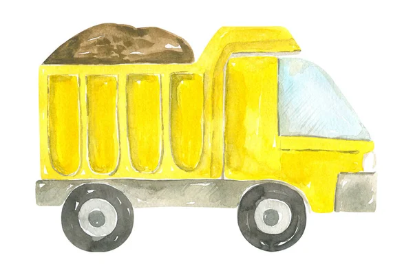 Carino cartone animato illustrazione di costruzione giallo dump truck dipinta a mano acquerello disegno per bambini — Foto Stock