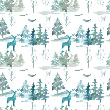 İskandinav kış esrarengiz ormanı beyaz arka planda pürüzsüz desen Orman hayvanlarının suluboya çizimi, çam ağaçları, tepeler, kuşlar