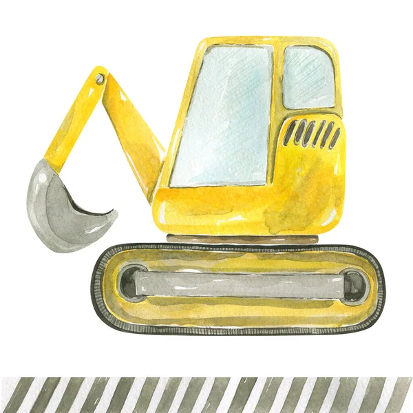Carino cartone animato illustrazione di costruzione giallo escavatore camion isolato su sfondo bianco dipinto a mano acquerello disegno per bambini — Foto Stock