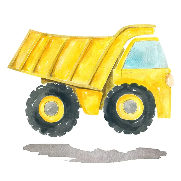 Cute cartoon illustration of construction yellow dump truck Hand painted watercolor childrens design — Stock Photo, Image