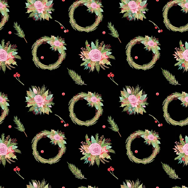 Naadloos patroon van Kerstmis bloemstuk en krans op zwarte achtergrond Winter Botanische elementen bloemen roos, dennenboom, poinsettia, bessen — Stockfoto