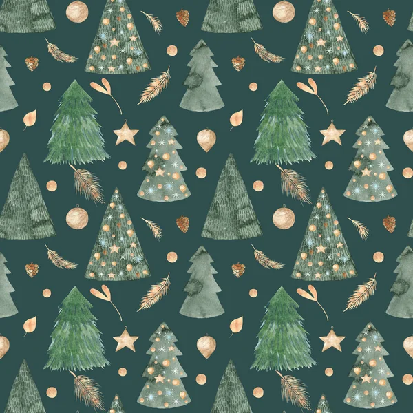 Akwarela Boże Narodzenie wzór, choinka, tekstury Płynny wzór ręcznie malowane elementy zimowe na zielonym tle — Zdjęcie stockowe