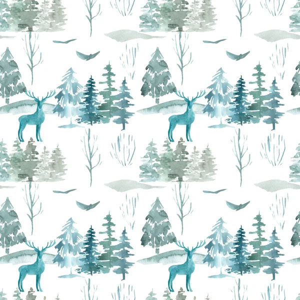 斯堪的纳维亚冬季神秘的森林无缝图案白色背景水彩画林地动物，松树，小山，鸟类 — 图库照片